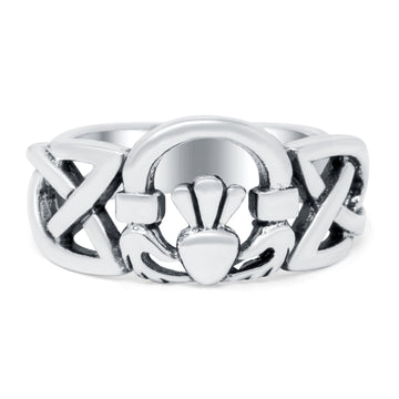 Celtic Claddagh Band Oxidized Solid 925 Sterling Silver Thumb Ring (10mm)